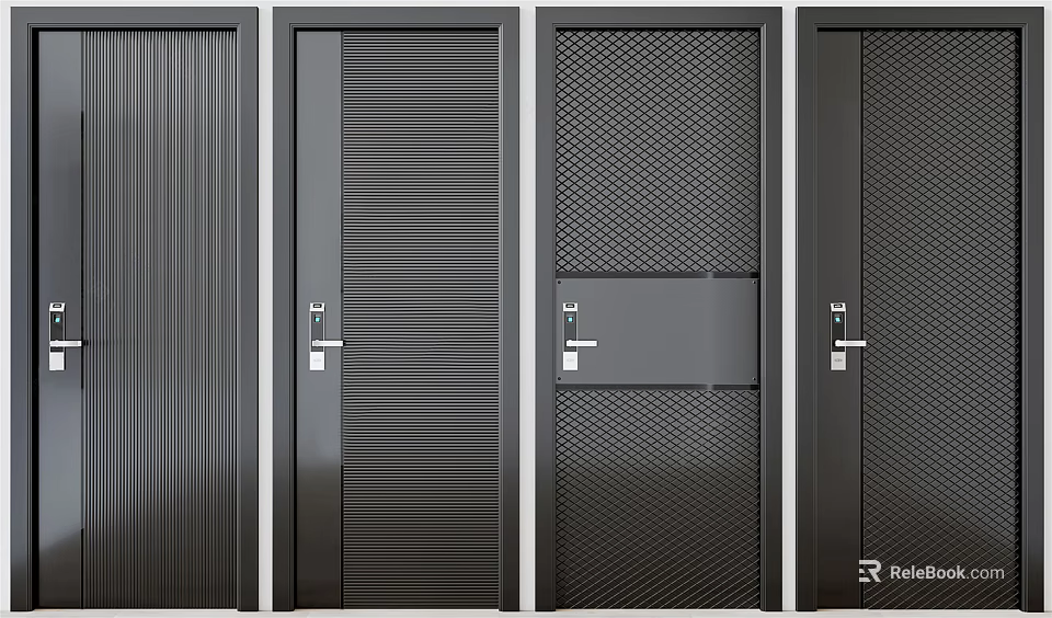 Modern Hinged Doors with Vertical Stripes Mesh Panels and Dark Metal Finish 3d model 
