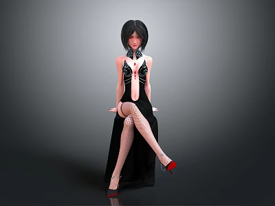 Woman With Short Black Hair In Black Dress And Fishnet Stockings Red High Heels 3d model