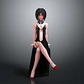 Woman With Short Black Hair In Black Dress And Fishnet Stockings Red High Heels