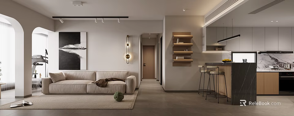 Modern Living and Dining Room Interior With Sofa Wooden Shelves Bar Stools and Lighting 3d model 