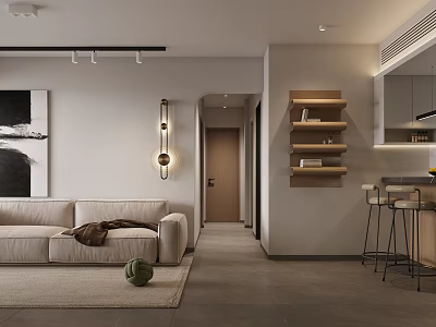 Modern Living and Dining Room Interior With Sofa Wooden Shelves Bar Stools and Lighting 3d model
