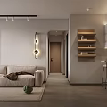 Modern Living and Dining Room Interior With Sofa Wooden Shelves Bar Stools and Lighting