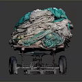 Old Wooden Cart Loaded With White And Teal Worn Fabrics On Dark Background