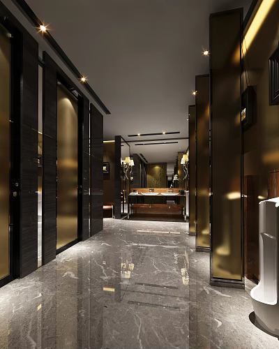 Modern Public Restroom Interior With Gold Accents Black Elements And Marble Flooring 3d model