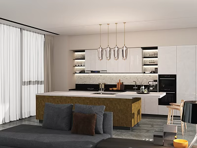 Modern Kitchen Interior With Open Layout Wooden Island White Cabinets And Pendant Lights 3d model