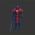 Red Fantasy Warrior Armor With Flame Design Horned Helmet And Sword