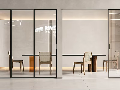 Glass Sliding Doors With Black Frame In Modern Minimalist Dining Interior 3d model