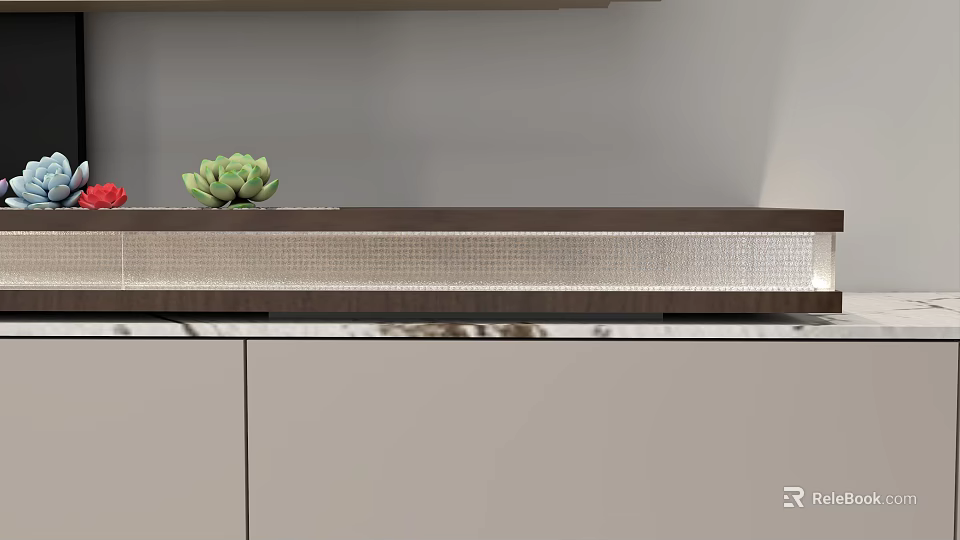 Modern Gray TV Stand With Silver Grille Panel And Small Green Succulent Plant 3d model 