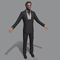 Man in Black Suit White Shirt And Tie Standing With Arms Outstretched Against Gray Background
