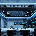 Modern KTV Lounge Interior With Neon Lights Sofa Seats And Party Atmosphere
