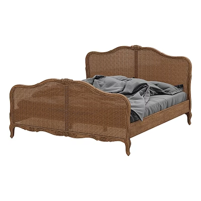 Elegant Rattan Double Bed with Carved Headboard Footboard and Gray Bed Sheets 3d model