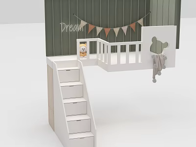 Kids White Loft Bed With Step Ladder Storage Drawers Dream Decor And Teddy Bear Plush 3d model
