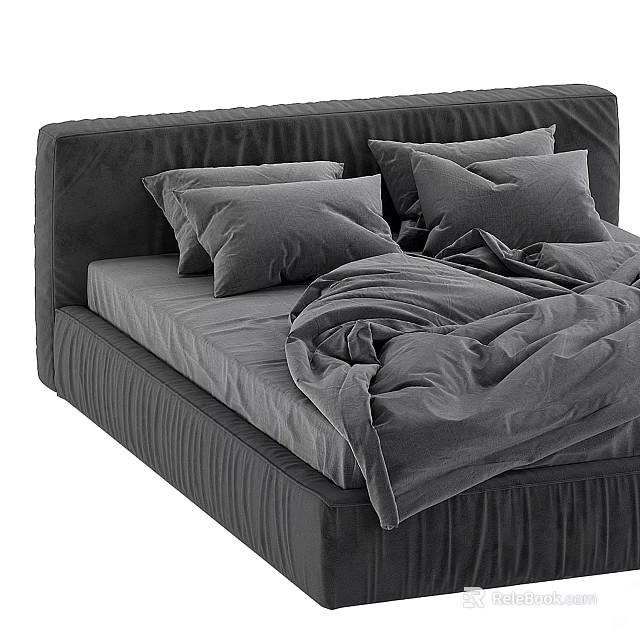 Modern Gray Upholstered Double Bed With Soft Pillows And Wrinkled Duvet 3d model 