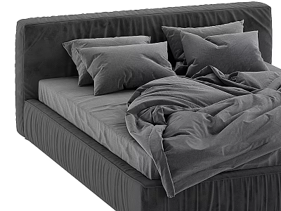 Modern Gray Upholstered Double Bed With Soft Pillows And Wrinkled Duvet 3d model