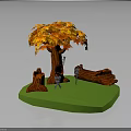 Autumn Themed Tree With Orange Yellow Leaves And Tree Stump On Green Grassy Base