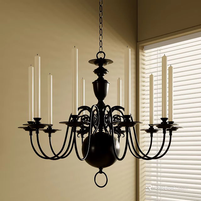 Vintage Black Chandelier With Candle Style Arms In Interior Space Near Window Blinds 3d model 