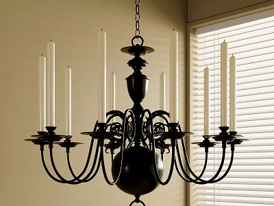 Vintage Black Chandelier With Candle Style Arms In Interior Space Near Window Blinds 3d model
