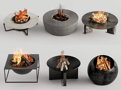 Stylish Fire Pits Featuring Various Designs Materials and Flaming Wood Logs 3d model