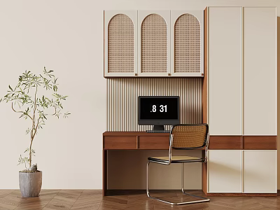 Modern Home Office Desk With Computer Chair Arched Panel Cabinet Plant And Wooden Floor 3d model