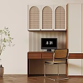 Modern Home Office Desk With Computer Chair Arched Panel Cabinet Plant And Wooden Floor