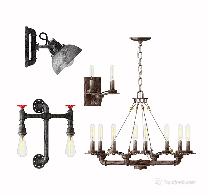 Industrial Lighting Combinations With Wall Sconces Chandelier And Metal Pipe Fixtures 3d model 