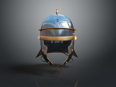 Ancient Metal Warrior Helmet With Gold Accents And Protective Face Guard Design 3d model