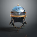 Ancient Metal Warrior Helmet With Gold Accents And Protective Face Guard Design