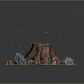 Natural Scene with Tree Stump Green Grass Red Mushrooms Rocks Small Flowers and Glowing Spots