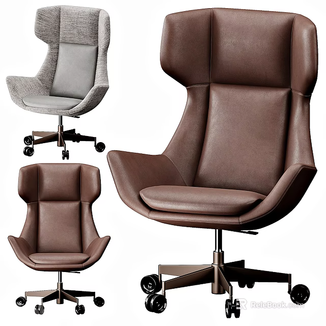 Modern Office Chairs With Gray And Brown Leather Upholstery Stylish Swivel Wheels Design 3d model 