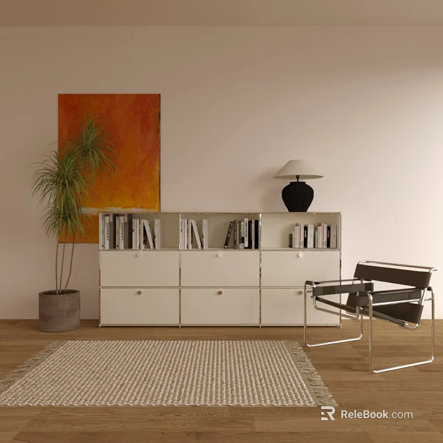 Modern Decorative Cabinet With Books Black Table Lamp Potted Plant And Orange Painting 3d model 