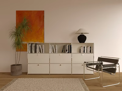 Modern Decorative Cabinet With Books Black Table Lamp Potted Plant And Orange Painting 3d model
