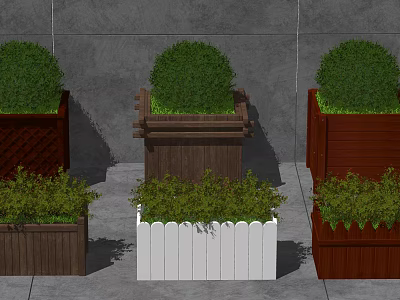 Wooden and White Picket Flower Planters With Green Shrubs Against Gray Wall and Concrete Ground 3d model