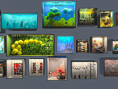 Diverse Creative Shop Window Displays Featuring Natural Landscapes Art And Urban Designs 3d model