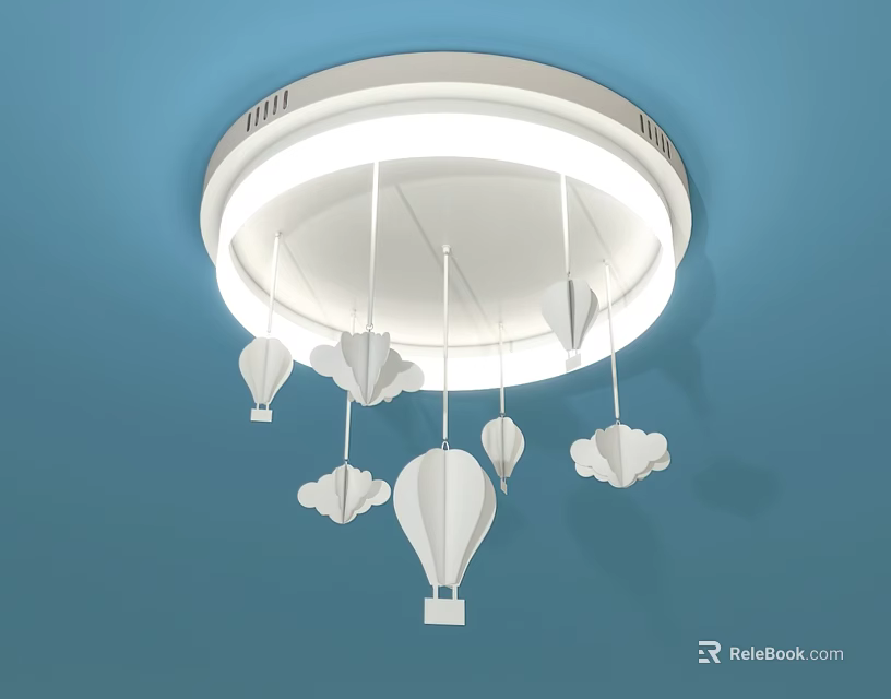 Modern White Glowing Ceiling Light With Decorative Hot Air Balloon And Cloud Pendants 3d model