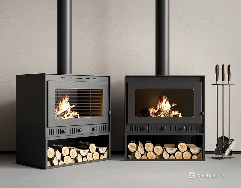 Black Modern Fireplaces With Burning Flames And Stacked Firewood Nearby Tools 3d model 
