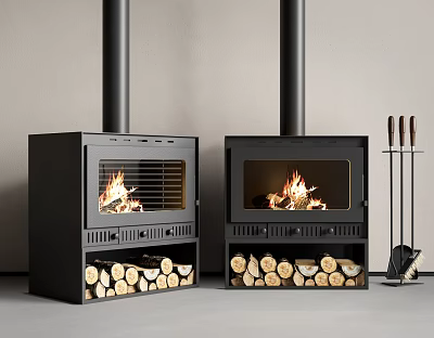 Black Modern Fireplaces With Burning Flames And Stacked Firewood Nearby Tools 3d model