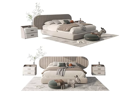 Modern Double Bed Setup With Bedside Tables Pillows Blankets And Zebra Toy On Rug 3d model