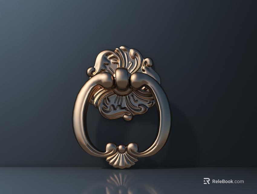 Golden Ornate Knocker Style Door Handle With Carved Decoration On Dark Wall With Reflection 3d model 