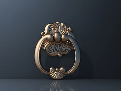 Golden Ornate Knocker Style Door Handle With Carved Decoration On Dark Wall With Reflection 3d model