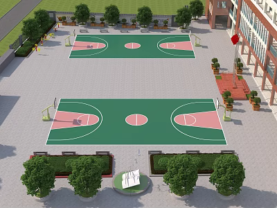 School Building Campus With Outdoor Basketball Courts Green Plants And Red Flag 3d model