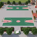 School Building Campus With Outdoor Basketball Courts Green Plants And Red Flag