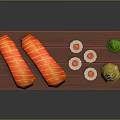 Fresh Red And Green Sushi Rolls With Decorative Garnish On Wooden Tray