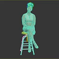 Woman Sitting on Stool in Beige Sleeveless Dress with Red Short Hair and High Heels