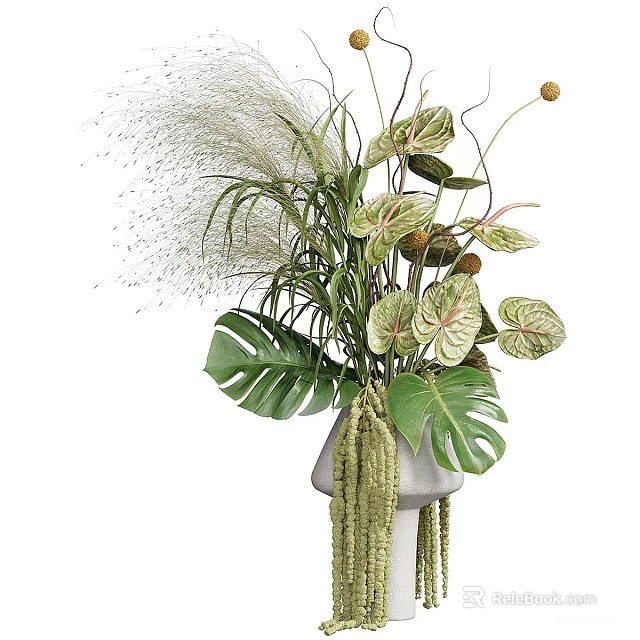 White Vase With Monstera Leaves Pampas Grass And Trailing Greenery Arrangement 3d model 