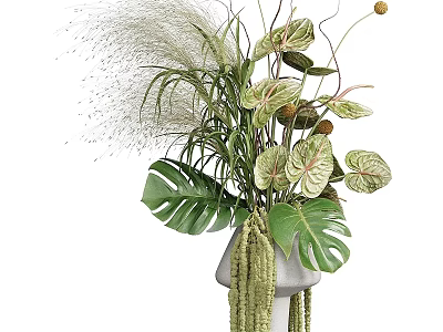White Vase With Monstera Leaves Pampas Grass And Trailing Greenery Arrangement 3d model