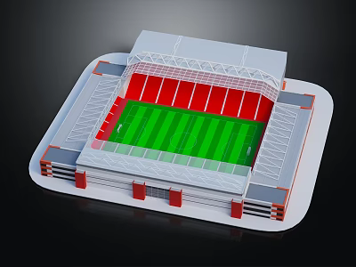 Detailed Football Stadium Model With Green Pitch Red Stands And White Gray Structure 3d model