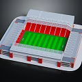 Detailed Football Stadium Model With Green Pitch Red Stands And White Gray Structure