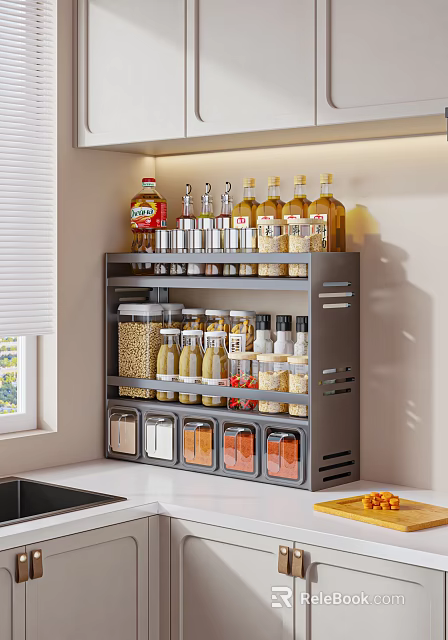 Organized Kitchen Spice Bottles On Metal Storage Rack With Colorful Containers 3d model 