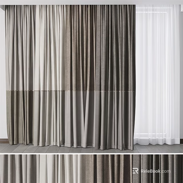Modern Layered Curtains With Gray Beige And White Panel Design For Home Decor 3d model 