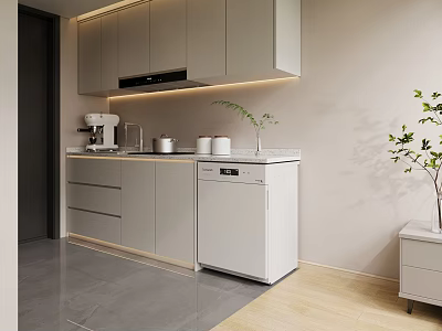 Modern Kitchen Interior With Sleek Gray Cabinets Countertop Appliances And Strip Lighting 3d model